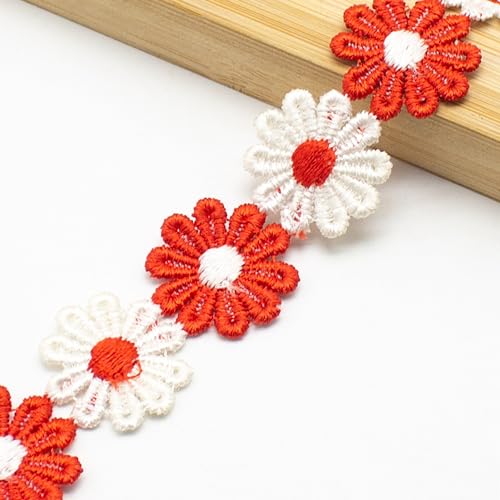 XCSJ 5 Yard 25mm Blumen Spitzenband Spitzenborte Stickerei Dekoband Zierband Borten Bänder Blumenband Gänseblümchen Dekoband Spitzen Spitzenborte Für Hochzeit Deko Handwerk Nähen Deko (Rot, weiß) von XCSJ