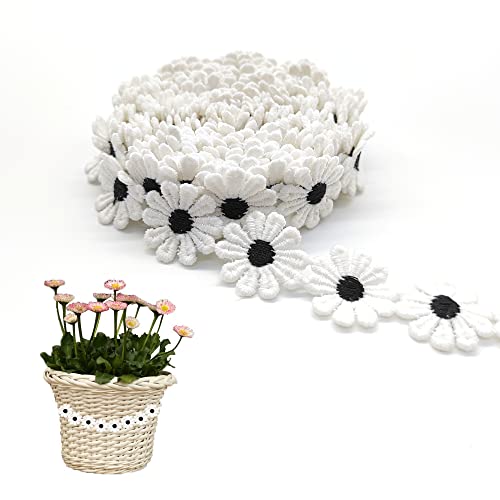 XCSJ 5 Yard 25mm Blumen Spitzenband Spitzenborte Stickerei Dekoband Zierband Borten Bänder Blumenband Gänseblümchen Dekoband Spitzen Spitzenborte Für Hochzeit Deko Handwerk Nähen Deko (Schwarz) von XCSJ