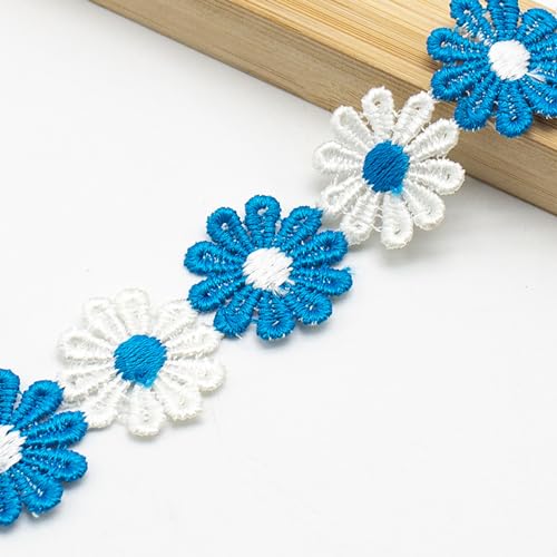 XCSJ 5 Yard 25mm Blumen Spitzenband Spitzenborte Stickerei Dekoband Zierband Borten Bänder Blumenband Gänseblümchen Dekoband Spitzen Spitzenborte Für Hochzeit Deko Handwerk Nähen Deko (Blau,weiß 2) von XCSJ