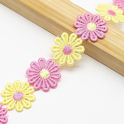 XCSJ 5 Yard 25mm Blumen Spitzenband Spitzenborte Stickerei Dekoband Zierband Borten Bänder Blumenband Gänseblümchen Dekoband Spitzen Spitzenborte Für Hochzeit Deko Handwerk Nähen Deko (gelb,rosa) von XCSJ