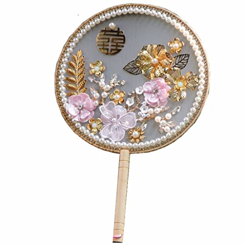 XDAWQP Chinesischer Knoten Rosa Blumen Braut Fans Perlen Perle Kristall Blattgold Antike Kostüm Runde Hochzeit Braut Hand Fan， von XDAWQP