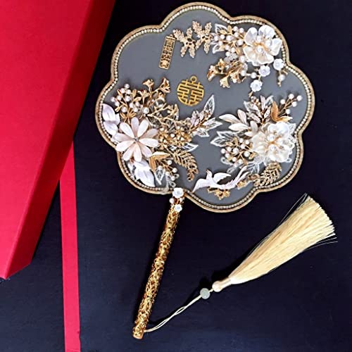 XDAWQP Gold Braut Handsträuße Fan Typ Handgemachte Blumen Perlen Chinesischen Metall Runden Fan Hochzeit Schmuck Zubehör， von XDAWQP