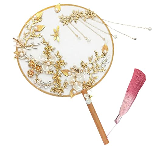 XDAWQP Perlen Chinesische Gold Braut Hand Bouquet Fan Typ Handgemachte Blumen Perlen Metall Runde Fan Hochzeit Zubehör， von XDAWQP