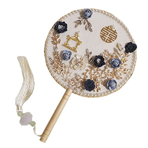 XDAWQP Vintage Chinesische Braut Hand Bouquets Fan Perlen Blau Blume Seide Bräute Metall Runde Hand Gehalten Fan Hochzeit， von XDAWQP