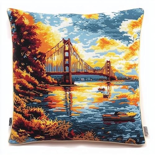 DIY Knüpfkissen Set zum Selbermachen mit Knüpfhaken, Kissenbezug & Garn – Handgemachtes Kreativset für Erwachsene, Bastelgeschenk und Wohnaccessoire 43x43 cm,Blick auf die Golden Gate Bridge von XDEGHUANGSS