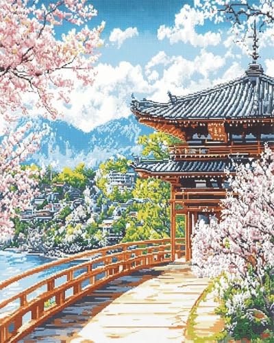 Kreuzstich-Set mit schneebedeckter Berglandschaft,Stickset für Erwachsene,Sakura Pavilion Park,11CT Kreuzstich-Set mit Stempel,Handarbeiten für die Wanddekoration zu Hause,Kreuzstichmuster,40x50 cm von XDEGHUANGSS