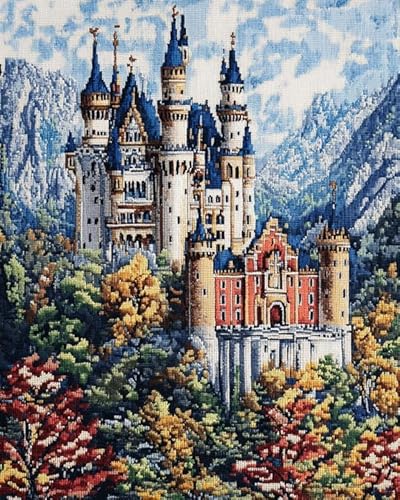 XDEGHUANGSS 11 CT Kreuzstich-Set,Schloss Neuschwanstein, Deutschland,Anfängerfreundliches Stickset mit ausführlicher Anleitung,Ideal für Heimdekoration,40x50cm von XDEGHUANGSS