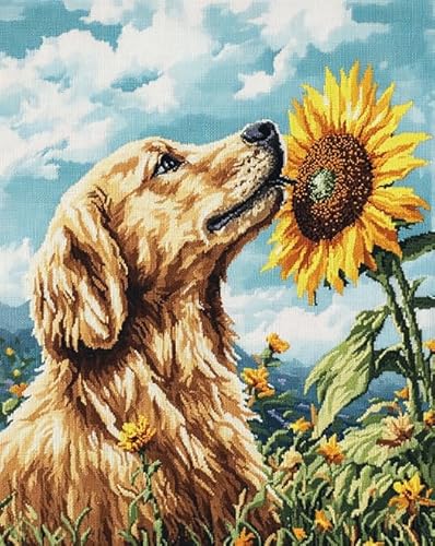 XDEGHUANGSS 11CT gestempeltes Kreuzstich-Set,Sonnenblumen-Golden Retriever,DIY-Kreuzstich-Ornament-Sets für Erwachsene und Anfänger, Sticksets für die Heimdekoration,40x50 cm von XDEGHUANGSS