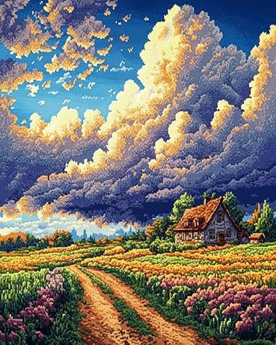 XDEGHUANGSS Anfängerfreundliches Kreuzstich-Set – Ländliches Ackerland unter den Wolken – einfache Designs, lustiges Basteln für alle Altersgruppen, 40x50 cm von XDEGHUANGSS