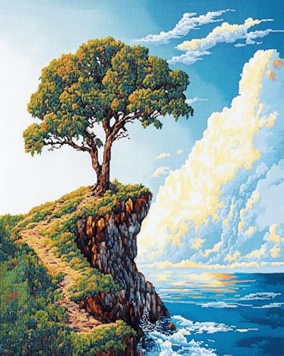 XDEGHUANGSS Anfängerfreundliches Kreuzstich-Set –Lonely Tree By The Sea – einfache Designs, lustiges Basteln für alle Altersgruppen, 40x50 cm von XDEGHUANGSS