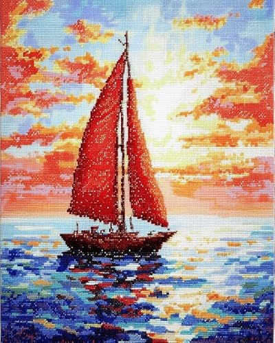 XDEGHUANGSS Anfängerfreundliches Kreuzstich-Set – Rotes Segelboot auf dem Meer – einfache Designs, lustiges Basteln für alle Altersgruppen, 40x50 cm von XDEGHUANGSS