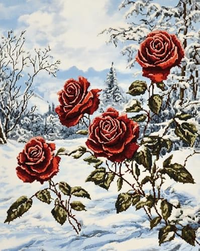 XDEGHUANGSS Bedrucktes Kreuzstichset,Rose im Schnee,Vorgedruckte Leinwand,Einfach zu sticken,Inklusive vollständigem Werkzeugset 11CT 16x20 Zoll von XDEGHUANGSS