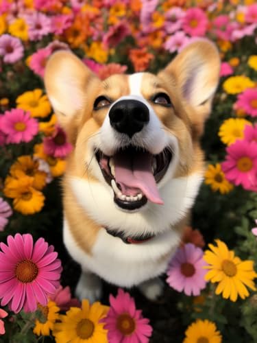 XDEGHUANGSS Corgi in Blüte 11CT bedrucktes Kreuzstich DIY Set,geeignet für Erwachsene Anfänger zum Entspannen DIY Kreuzstich Stickerei Set,40x50 cm von XDEGHUANGSS