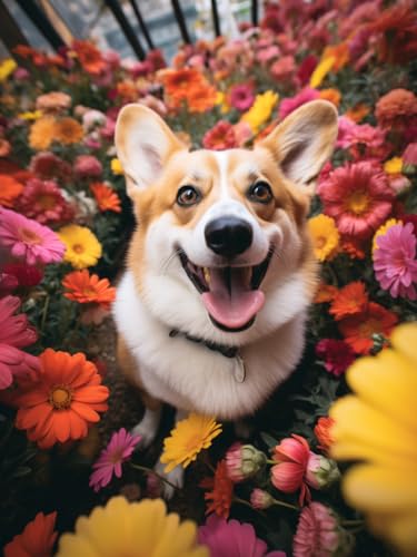 XDEGHUANGSS Corgi in Blüte Kreuzstich-Set,11CT Medium Grid Stickerei Set für Anfänger mit Pre-Print Stoff & Fäden,40x50 cm von XDEGHUANGSS