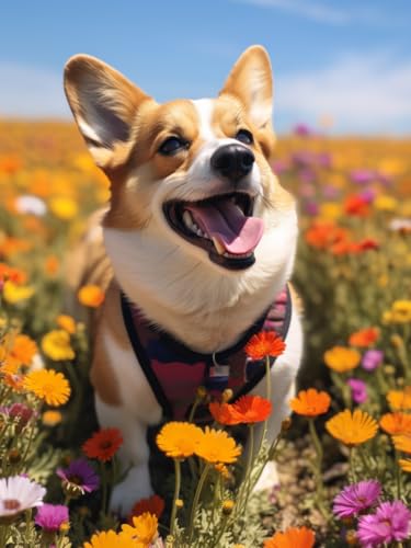 XDEGHUANGSS Corgi in Blüte Stickereiset für Heimdekoration,vorgedruckter Stoff und Fäden enthalten,rahmenlose Handarbeit,40x50 cm von XDEGHUANGSS