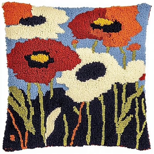 XDEGHUANGSS DIY Knüpfkissen Zum Selber Knüpfen Knüpfhaken-Set,3D-Kissenbezug,Knüpfhaken-Set,Kissen-Stickset,Bastel- Und Heimdekoration 43x43cm,Mohnblumen von XDEGHUANGSS