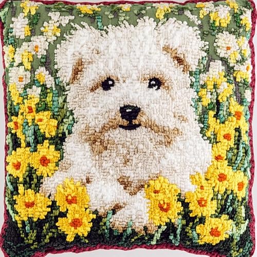 XDEGHUANGSS DIY Latch Hook Kit für Erwachsene – Knüpfkissen Set mit Kissenbezug & Canvas (43x43 cm) – Bastelset, Handwerk Geschenk und Wohnaccessoire,Westie in Narzissen von XDEGHUANGSS