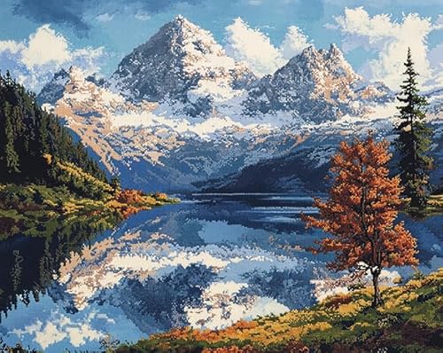 XDEGHUANGSS DIY-Nadelspitzen-SticksetsBergsee-Landschaft,Kreuzstich-Sets für Erwachsene und Anfänger,11-fädiges gestempeltes Kreuzstich-Set,Heimdekorationsgeschenke,40x50 cm von XDEGHUANGSS