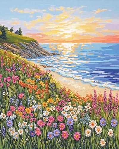 XDEGHUANGSS Einfaches Kreuzstich-Set, Blumenfelder am Meer, leicht verständliche Anleitung, entspannendes Basteln für Anfänger und Jugendliche, 40x50 cm von XDEGHUANGSS