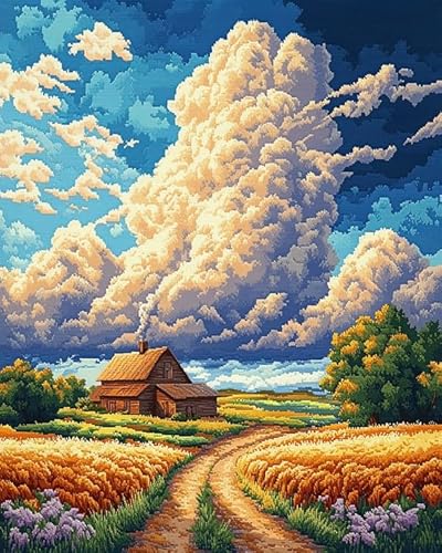 XDEGHUANGSS Einfaches Kreuzstich-Set, Ländliches Ackerland unter den Wolken, Leicht verständliche Anleitung, Entspannendes Basteln für Anfänger und Jugendliche, 40x50 cm von XDEGHUANGSS