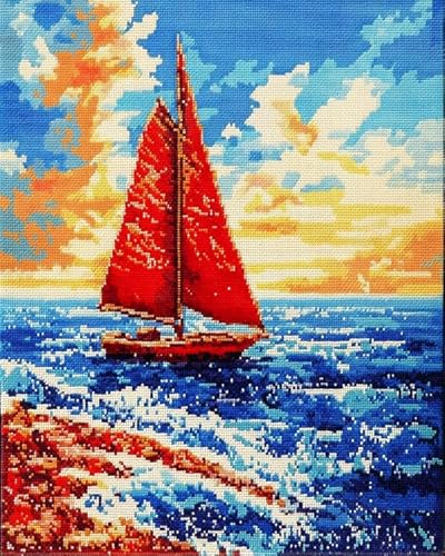 XDEGHUANGSS Einfaches Kreuzstich-Set, Rotes Segelboot auf dem Meer, Leicht verständliche Anleitung, Entspannendes Basteln für Anfänger und Jugendliche, 40x50 cm von XDEGHUANGSS