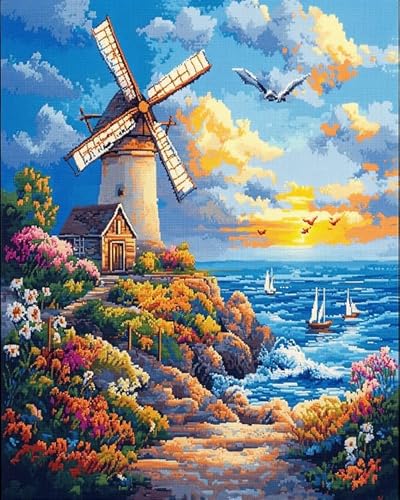 XDEGHUANGSS Einfaches Kreuzstich-Set, Windmühle am Meer, leicht verständliche Anleitung, entspannendes Basteln für Anfänger und Jugendliche, 40x50 cm von XDEGHUANGSS