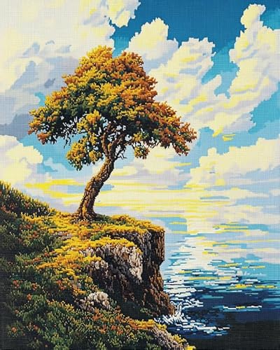 XDEGHUANGSS Einfaches Kreuzstich-Set,Einsamer Baum am Meer, leicht verständliche Anleitung, entspannendes Basteln für Anfänger und Jugendliche, 40x50 cm von XDEGHUANGSS