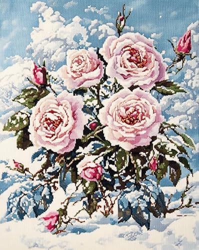 XDEGHUANGSS Einfaches Kreuzstichset,Rose im Schnee,Anfängerfreundlich,Inklusive aller Werkzeuge und Anleitung 11CT 16x20 Zoll von XDEGHUANGSS