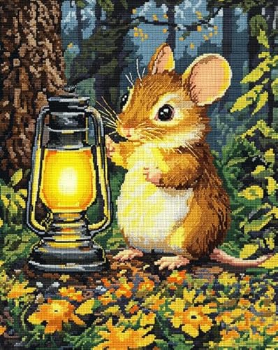 XDEGHUANGSS Einfaches Kreuzstichset,süße Maus hält eine Lampe,Anfängerfreundlich,Inklusive aller Werkzeuge und Anleitung 11CT 16x20 Zoll von XDEGHUANGSS