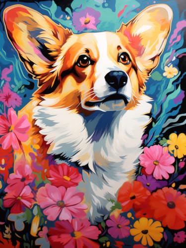 XDEGHUANGSS Einfaches kreuzstich set – Corgi in Blüte – Leicht zu stickendes Kunstwerk für Anfänger – Inklusive Faden, Stoff und Anleitung – 40x50 cm von XDEGHUANGSS