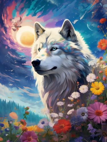 XDEGHUANGSS Einfaches kreuzstich set – Floraler Wolf – Leicht zu stickendes Kunstwerk für Anfänger – Inklusive Faden, Stoff und Anleitung – 40x50 cm von XDEGHUANGSS