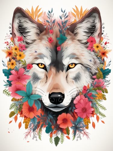 XDEGHUANGSS Einfaches kreuzstich set – Floraler Wolf – Leicht zu stickendes Kunstwerk für Anfänger – Inklusive Faden, Stoff und Anleitung – 40x50 cm von XDEGHUANGSS