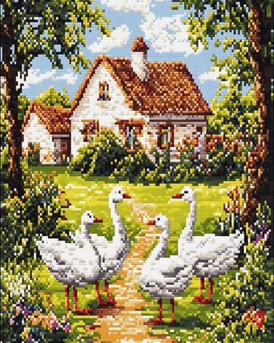 XDEGHUANGSS Einzigartiges KreuzstichsetWeiße Gänse im Hof – schöne Muster, ideal zum Stressabbau und für Hobbyprojekte, 40x50 cm von XDEGHUANGSS