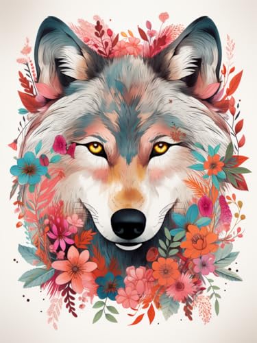 XDEGHUANGSS Floraler Wolf 11CT bedrucktes Kreuzstich DIY Set,geeignet für Erwachsene Anfänger zum Entspannen DIY Kreuzstich Stickerei Set,40x50 cm von XDEGHUANGSS