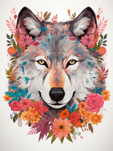 XDEGHUANGSS Floraler Wolf DIY-Kreuzstich-Set,11CT Stickerei Handwerk Set mit Leinwand,Fäden,Nadeln und Anleitungen für Home Wall Decor,40x50 cm von XDEGHUANGSS