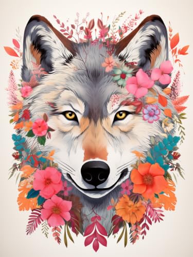 XDEGHUANGSS Floraler Wolf DIY-Kreuzstich-Set 40x50 cm,einschließlich gemustertem Stoff und Fäden,perfekt für Wohnzimmer- und Schlafzimmerdekoration von XDEGHUANGSS