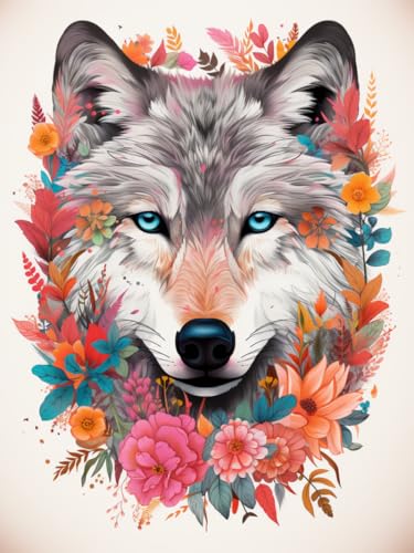 XDEGHUANGSS Floraler Wolf Kreuzstich-Set,11CT Leinwand Stoff Kunsthandwerk,Faden Nadelarbeit,handgemachte Stickerei Druck Set mit Anleitung,40x50 cm von XDEGHUANGSS