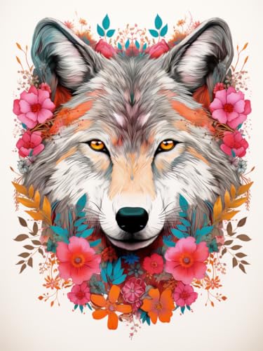 XDEGHUANGSS Floraler Wolf Kreuzstich-Set,11CT Medium Grid Stickerei Set für Anfänger mit Pre-Print Stoff & Fäden,40x50 cm von XDEGHUANGSS