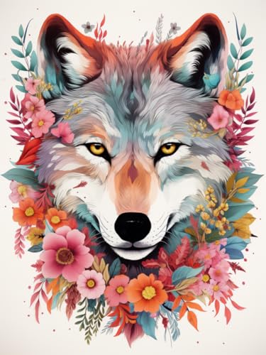 XDEGHUANGSS Floraler Wolf Stickereiset für Heimdekoration,vorgedruckter Stoff und Fäden enthalten,rahmenlose Handarbeit,40x50 cm von XDEGHUANGSS