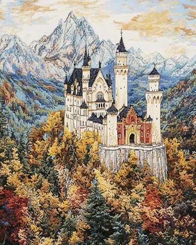 XDEGHUANGSS Gestempelte Kreuzstich-Sets für Anfänger,Schloss Neuschwanstein, Deutschland,Vollständiges Sortiment an Stick-Starter-Kits für Erwachsene,Bedrucktes Kreuzstich-DIY-Kit,40x50cm von XDEGHUANGSS