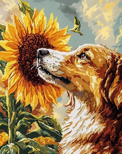 XDEGHUANGSS Gestempeltes Kreuzstich-Set,Sonnenblumen-Golden Retriever,Stickset für Anfänger und Erwachsene,11 CT-Muster,Abmessungen,gezählte Kreuzstich-Sets,Heimdekoration,40x50 cm von XDEGHUANGSS