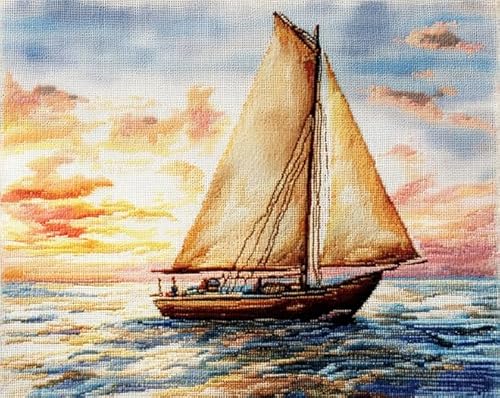 XDEGHUANGSS Gestempeltes Kreuzstich Set 16x20 inches-Entspannendes DIY Projekt für Erwachsene-Vollständiges Kit für kreative Hobbyisten-Sonnenuntergang Segelboot von XDEGHUANGSS