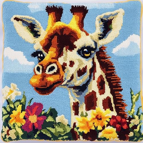 XDEGHUANGSS Kissenbezug DIY Knüpfkissen Set Kreuzstich Stickerei 43x43cm Selber Machen Set Latch Hook Kit für Kinder und Erwachsene zum Selber Knüpfen,Blumengiraffe von XDEGHUANGSS