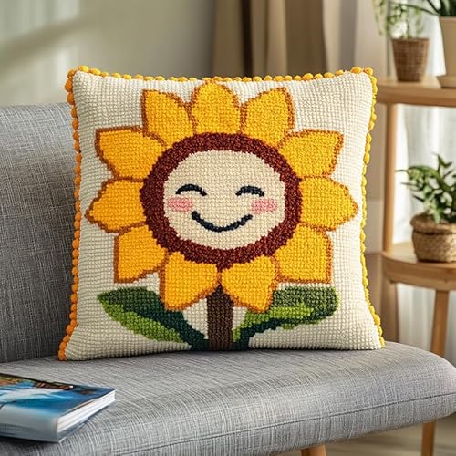 XDEGHUANGSS Knüpfhaken-Kissen-Set 43x43cm - DIY Kissenbezug mit Garn & Leinwand, Wohndekoration für Erwachsene & Kinder (inkl. Anleitung & Werkzeug),Sonnenblume von XDEGHUANGSS