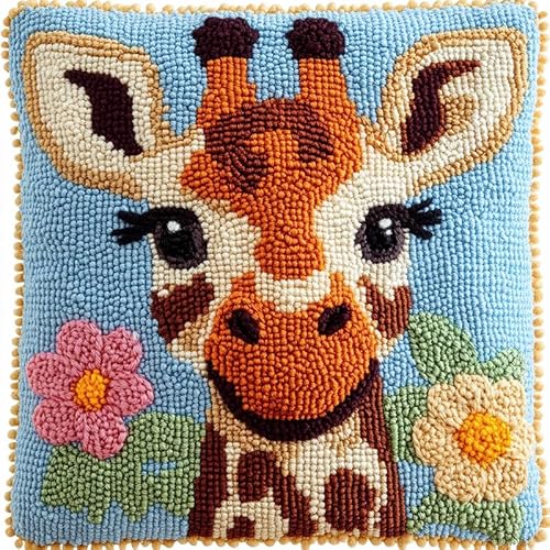 XDEGHUANGSS Knüpfhaken-Kissenbezug-Set 43x43cm - DIY Kissenbezug & Teppich mit Garn & Werkzeug,Wohndekoration Geschenk für Erwachsene,Blumengiraffe von XDEGHUANGSS