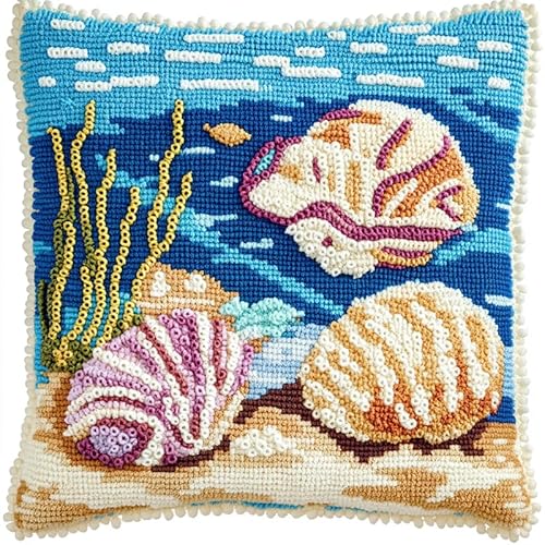 XDEGHUANGSS Knüpfhaken-Set 43x43cm - Komplettset für Kissenbezug & Teppich, Kinderleichte Anleitung für Anfänger,Strandmuscheln von XDEGHUANGSS