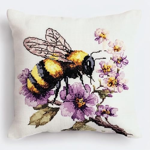 XDEGHUANGSS Knüpfhaken-Set für Erwachsene,komplettes Kissenbezug-Set,Latch Hook Kit Cushion,Häkelset für Anfänger,43x43cm,Bienen und Blumen von XDEGHUANGSS