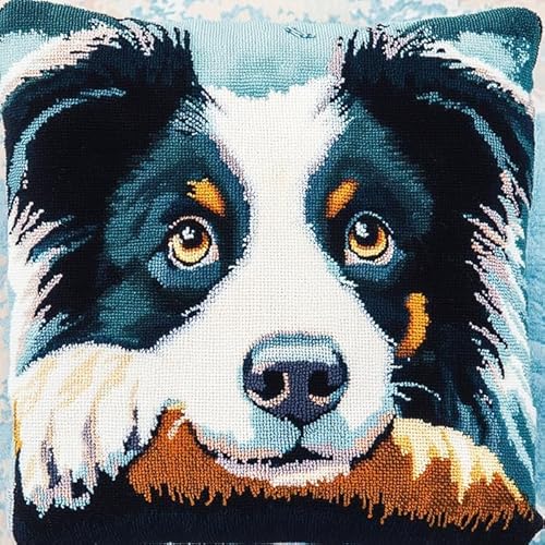 XDEGHUANGSS Knüpfhaken-Set für Erwachsene,komplettes Kissenbezug-Set,Latch Hook Kit Cushion,Häkelset für Anfänger,43x43cm,Border Collie von XDEGHUANGSS