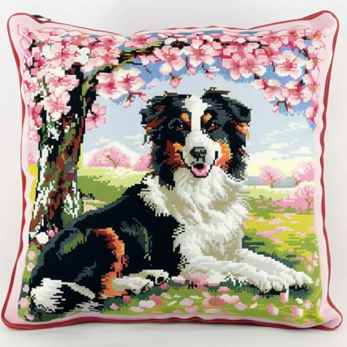 XDEGHUANGSS Knüpfhaken-Set für Erwachsene,komplettes Kissenbezug-Set,Latch Hook Kit Cushion,Häkelset für Anfänger,43x43cm,Border Collie von XDEGHUANGSS