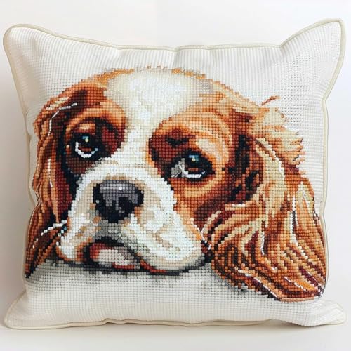 XDEGHUANGSS Knüpfhaken-Set für Erwachsene,komplettes Kissenbezug-Set,Latch Hook Kit Cushion,Häkelset für Anfänger,43x43cm,Cavalier King Charles Spaniel von XDEGHUANGSS